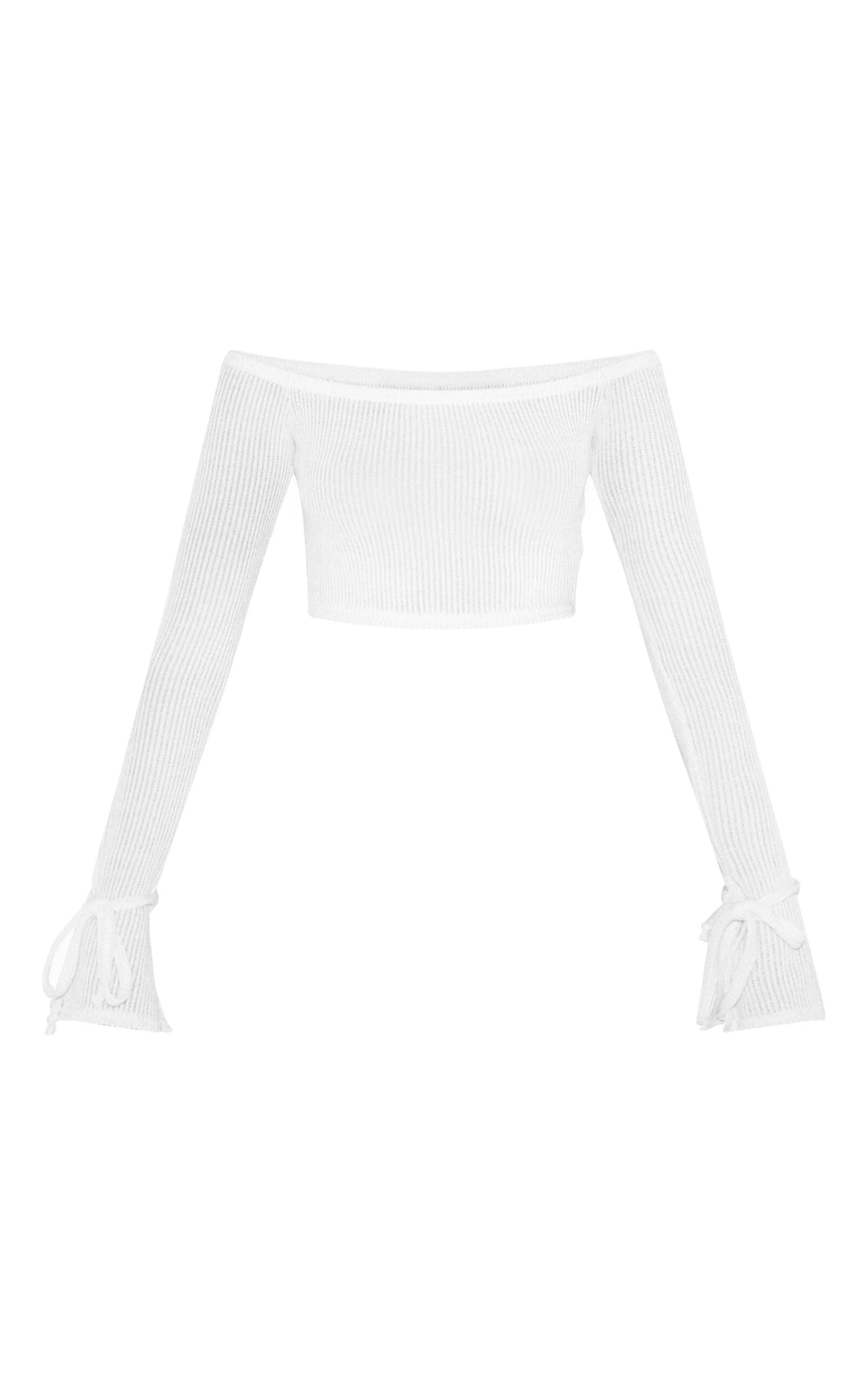 Prettylittlething Cream Sheer Soft Rib Bardot Long Sleeve Crop Top - Image 5