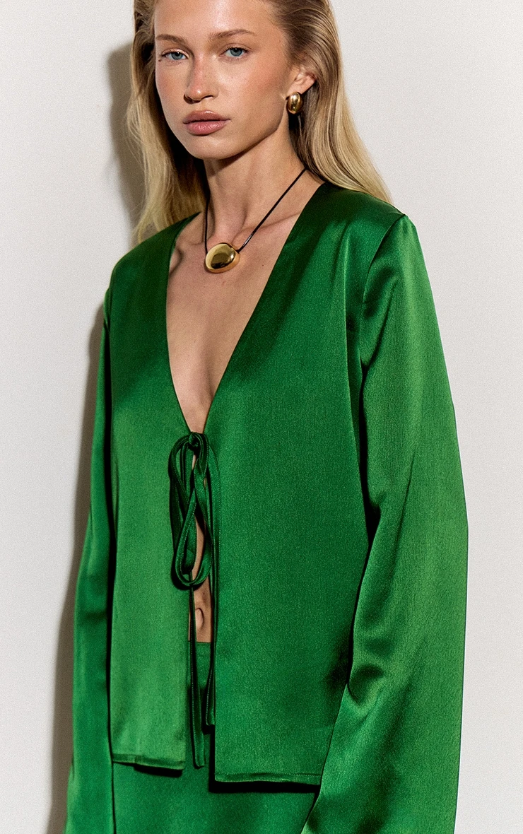 Prettylittlething Green Satin Tie Front Boxy Shirt 3 Prettylittlething Green Satin Tie Front Boxy Shirt - Image 3