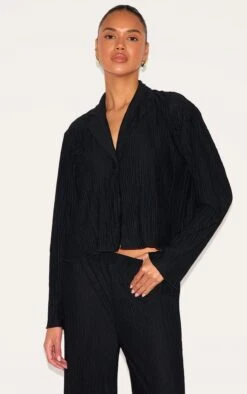 Prettylittlething Black Textured PleatedButton Front Shirt