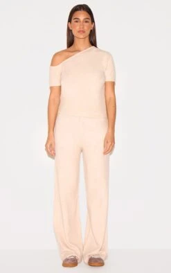 Prettylittlething Oatmeal Soft Knit Wide Leg Pants