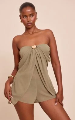 Prettylittlething Olive Chiffon Trim Detail Bandeau Romper