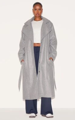 Prettylittlething Grey Oversized Wool Look Trench Coat