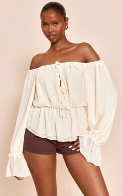 Prettylittlething Cream Chiffon Tie Detail Bardot Floaty Top
