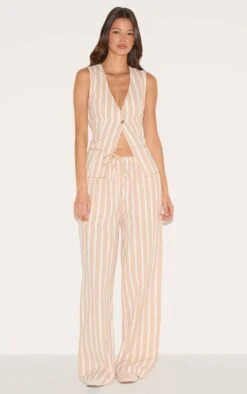 Prettylittlething Peach Striped Drawstring Wide Pants