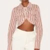 Prettylittlething Brown Striped Curved Hem Cropped Shirt