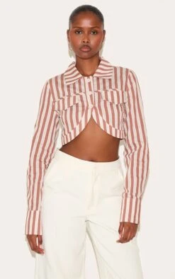 Prettylittlething Brown Striped Curved Hem Cropped Shirt