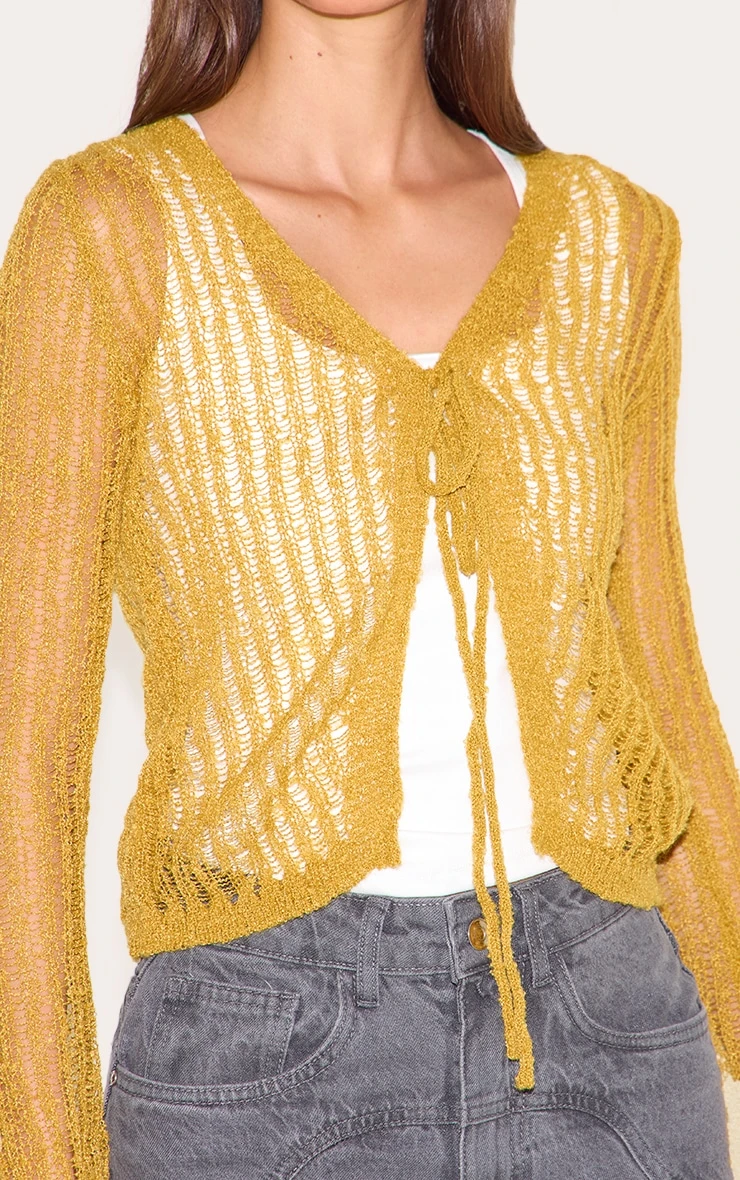 Prettylittlething Olive Ladder Knit Sheer Cropped Tie Front Top - Image 4