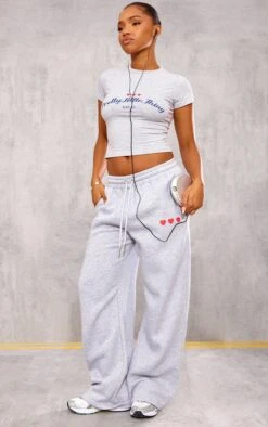 PRETTYLITTLETHING Grey Marl Heart Printed Wide Leg Sweatpants