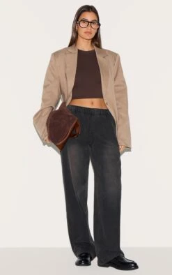 Prettylittlething Washed Black Elasticated Waistband Wide Leg Jeans