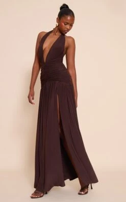 Prettylittlething Chocolate Double Layer Slinky Ruched Detail Maxi -Pretty Little Thing Shop 4d8deff88504188efa423dfd3566a626258111b3 CNO3385 3 chocolate double layer slinky ruched detail maxi