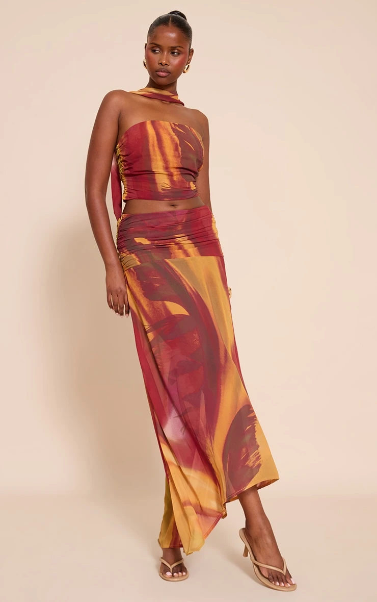 Multi Abstract Printed Chiffon Scarf Detail Ruched Bandeau Top - Image 3