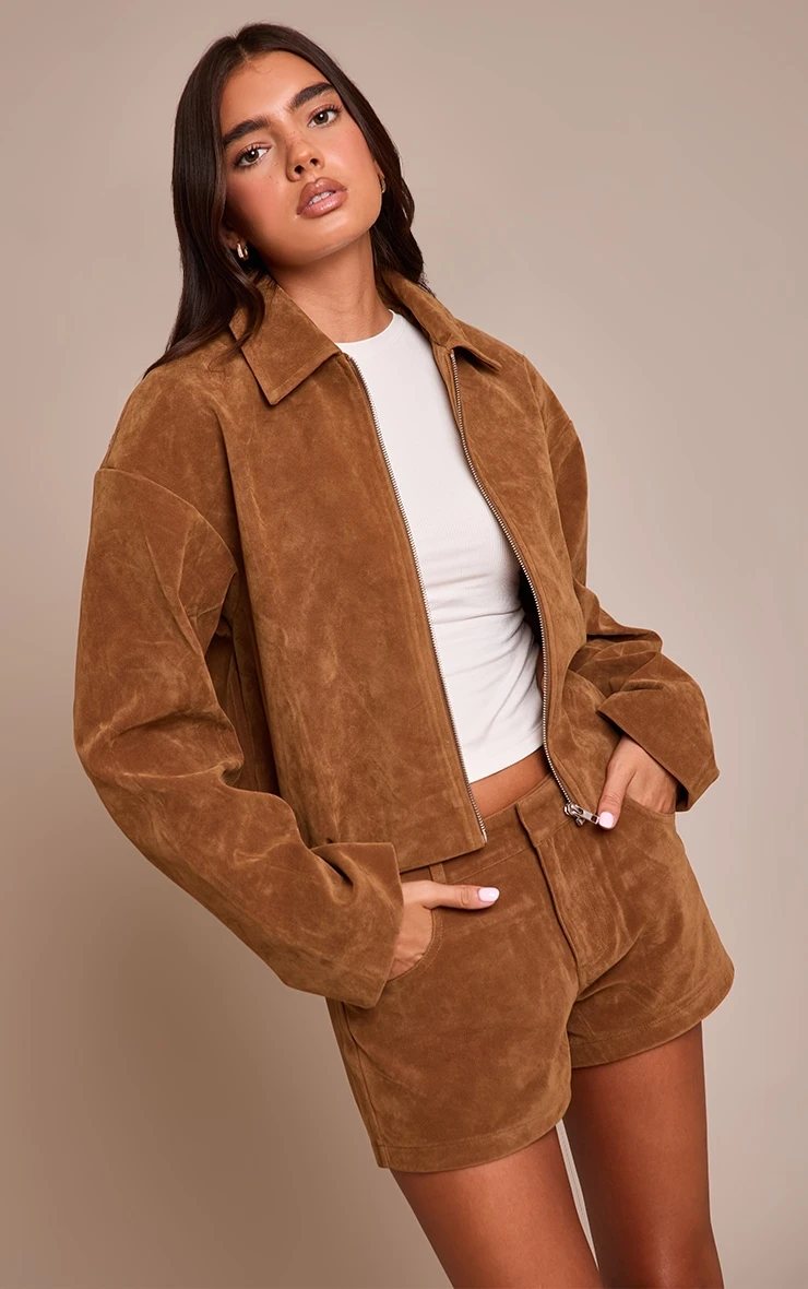 Tan Suede Zip Up Pleated Cropped Jacket 1 Tan Suede Zip Up Pleated Cropped Jacket