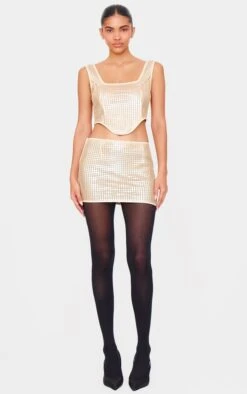 Prettylittlething Gold Chain Sequin Low Rise Micro Mini Skirt