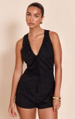 Prettylittlething Black Woven Ruched Bow Detail Romper
