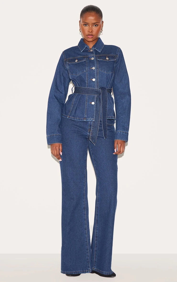 Prettylittlething Dark Blue Mid Waist Contrast Stitch Flared Jeans