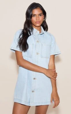 Prettylittlething Light Blue Contrast Stitch Denim Shirt Dress