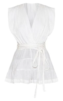 Prettylittlething White Textured V Neck Tie Waist Romper -Pretty Little Thing Shop 50d02f94c7bf69c304911a76631b14e5225218af CNN7758 5 white textured v neck tie waist playsuit