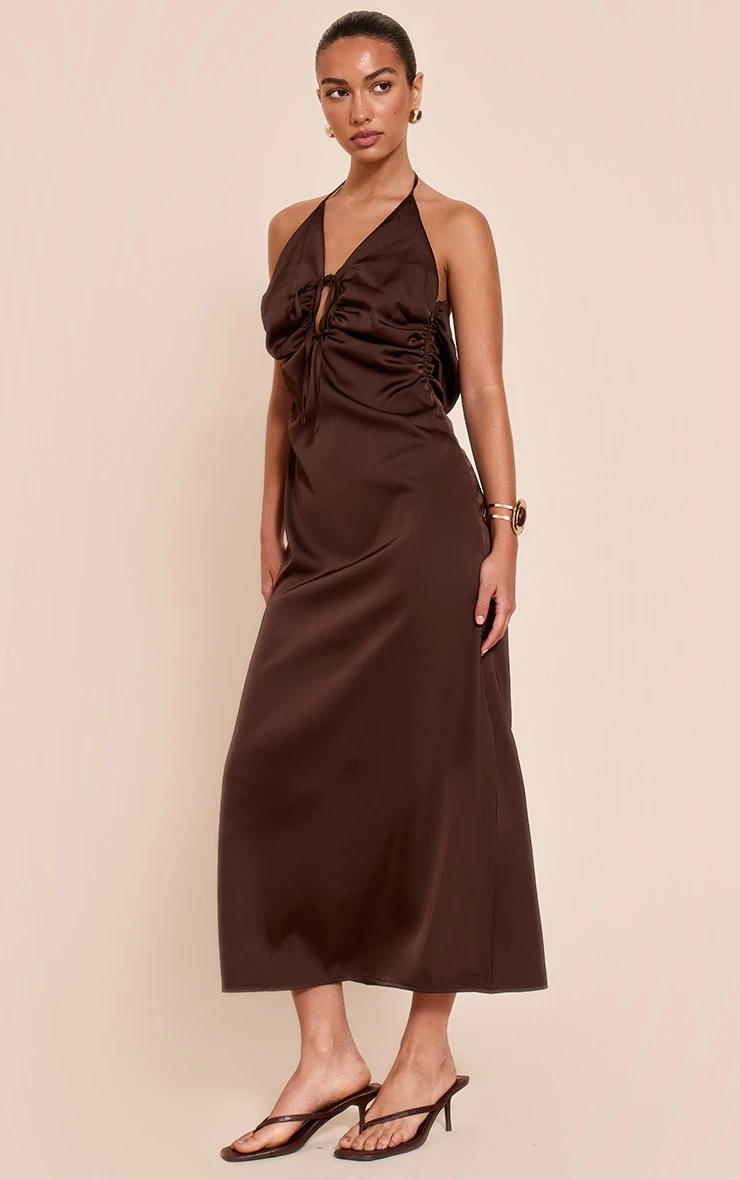Prettylittlething Chocolate Satin Tie Front Maxi Dress 3 Prettylittlething Chocolate Satin Tie Front Maxi Dress - Image 3