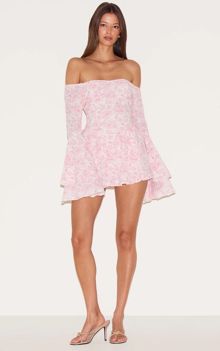 Prettylittlething Pink Ditsy Print Bardot Flare Sleeve Romper 3 Prettylittlething Pink Ditsy Print Bardot Flare Sleeve Romper - Image 3
