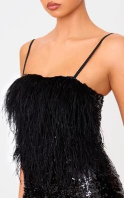 Prettylittlething Black Feather Detail Strappy Sequin Romper -Pretty Little Thing Shop 511afb04c556680008570680329e80a3dc5f2188 cnk7003 4