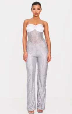 Prettylittlething Silver Sequin Bandeau Sheer Panel Jumpsuit