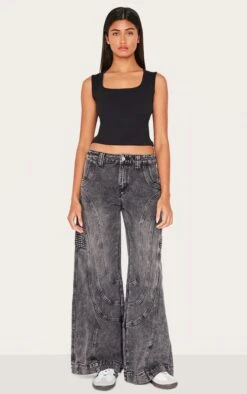 Prettylittlething Grey Panel Seam Detail Wide Leg Jeans