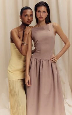 Prettylittlething Taupe Dropped Waist Midaxi Dress