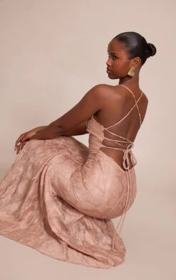 Prettylittlething Taupe Textured Lace Up Back Maxi Dress -Pretty Little Thing Shop 51923329634032ee7a0cac0cb6568b3c0b64628a CNO3771 2 taupe textured lace up back maxi dress