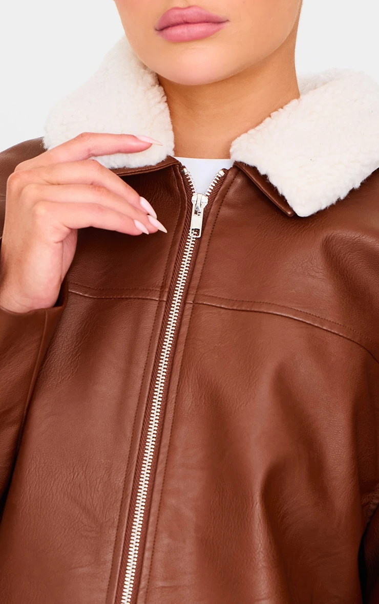 Washed Brown Detachable Faux Fur Collar Faux Leather Jacket 4 Washed Brown Detachable Faux Fur Collar Faux Leather Jacket - Image 4