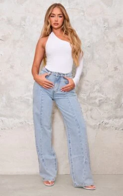 Prettylittlething Light Blue Washed Front Seam Detail Wide Leg Jeans