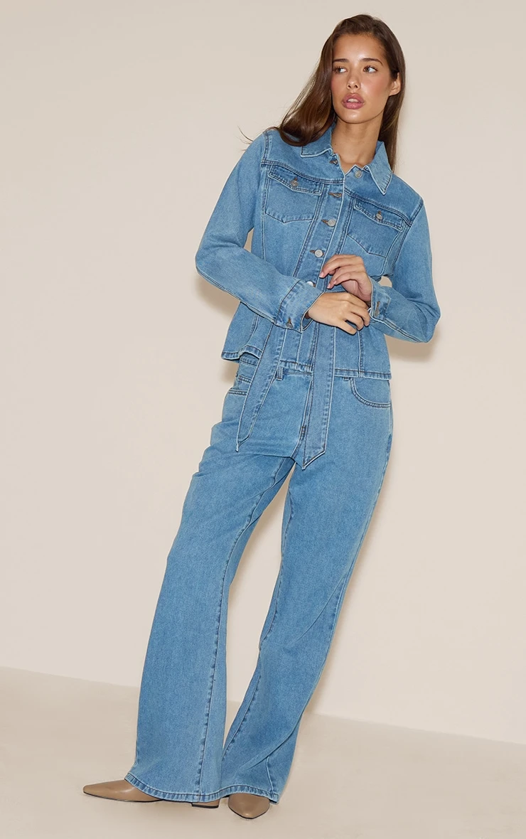 Prettylittlething Light Blue Mid Waist Contrast Stitch Flared Jeans 1 Prettylittlething Light Blue Mid Waist Contrast Stitch Flared Jeans