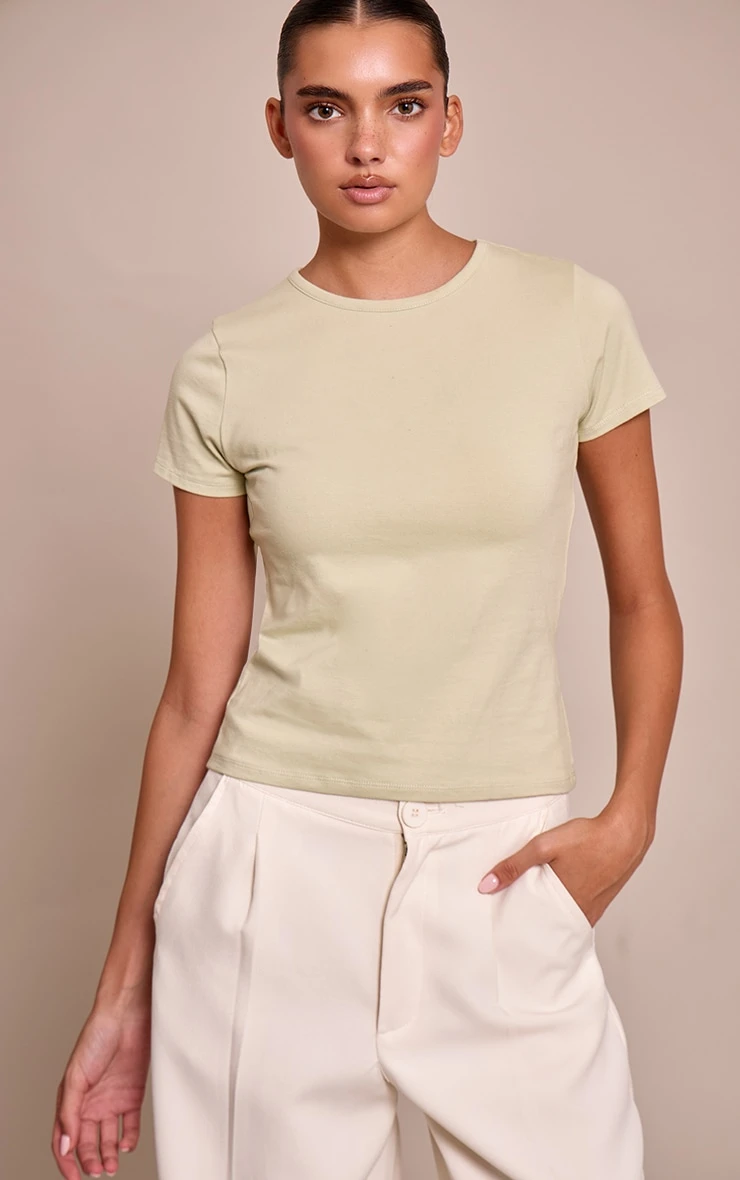 Sage Green Cotton Crew Neck Longline Short Sleeve T-Shirt - Image 4