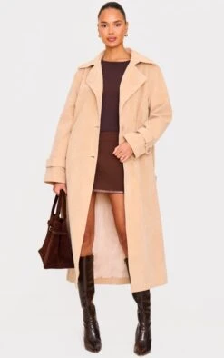 Prettylittlething Stone Faux Suede Buckle Belt Trench Coat