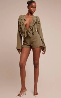 Prettylittlething Olive Frill Detail V Neck Romper -Pretty Little Thing Shop 5294ae03e38f612a2730878dcc75cf6e972e7f68 CNO3087 3 olive frill detail v neck playsuit