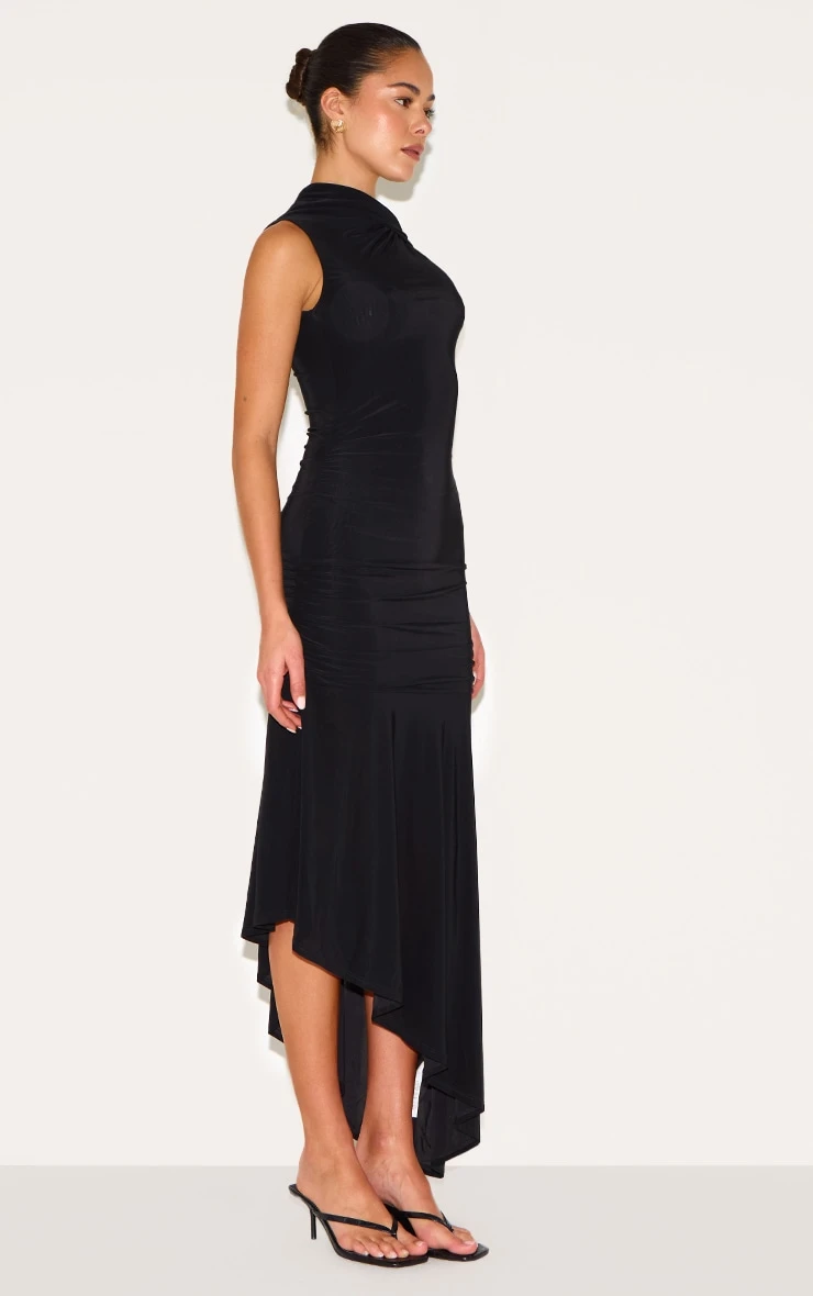 Prettylittlething Black Double Layer Slinky Asymmetrical Ruched Midaxi Dress - Image 3