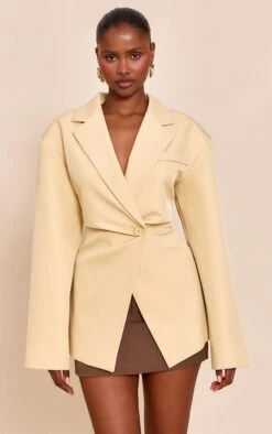 Prettylittlething Butter Cream Tailored Cinched Waist Blazer