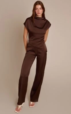 Prettylittlething Chocolate Satin Cap Sleeve Straight Leg Jumpsuit