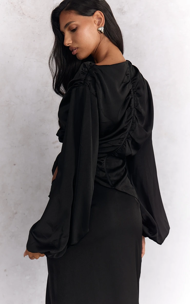 Black Satin Cut Out Long Sleeve Blouse 2 Black Satin Cut Out Long Sleeve Blouse - Image 2