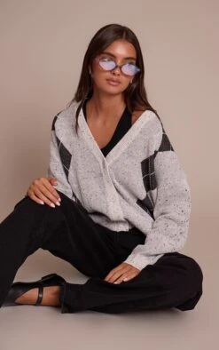 Prettylittlething Grey Argyle Oversized Knit Cardigan