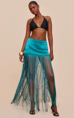 Prettylittlething Teal Satin Extreme Tassel Trim Mini Skirt