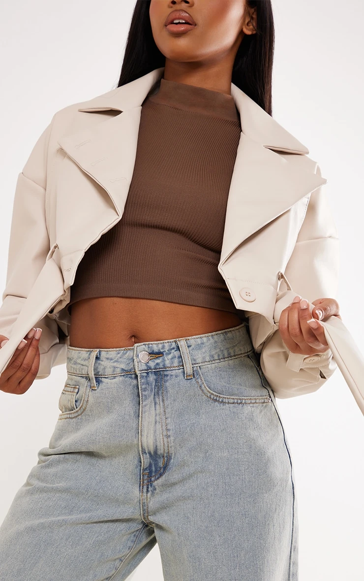 Prettylittlething Stone Oversized Belted Hem Cropped Biker Jacket - Image 4