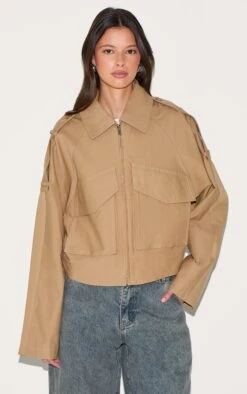 Prettylittlething Camel Trench Detail Cropped Zip Up Jacket