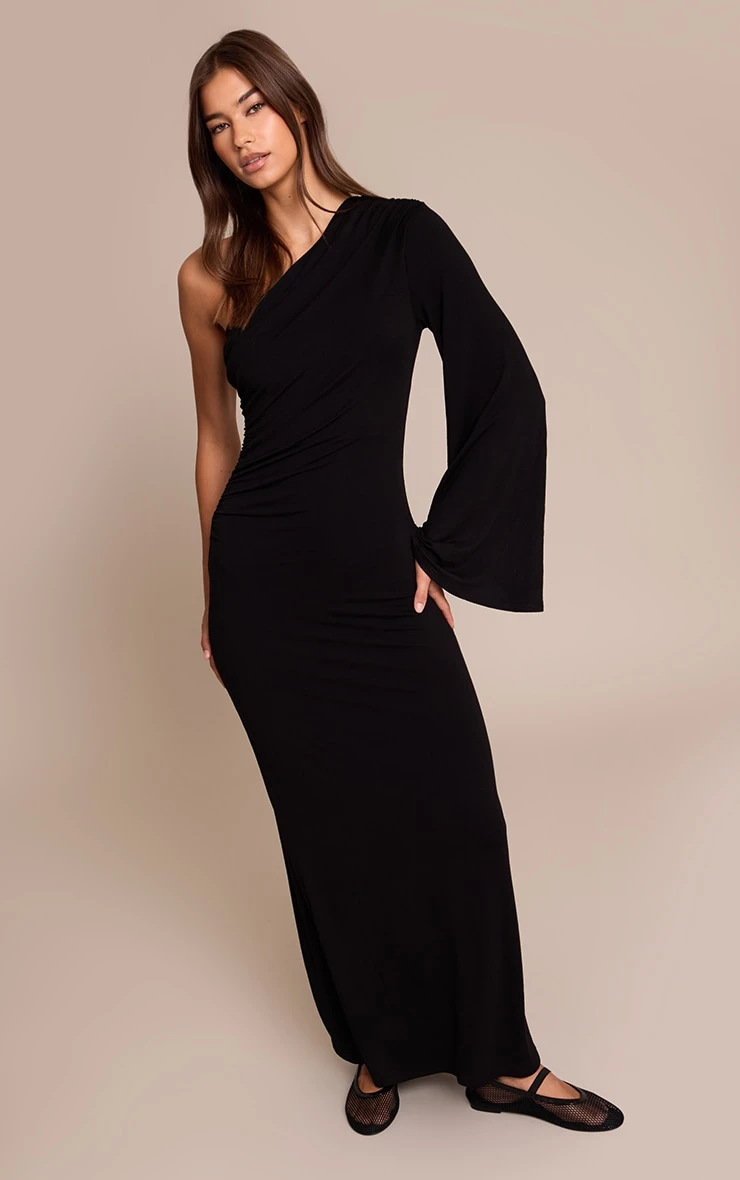 Prettylittlething Black Jersey One Shoulder Ruched Detail Maxi Dress