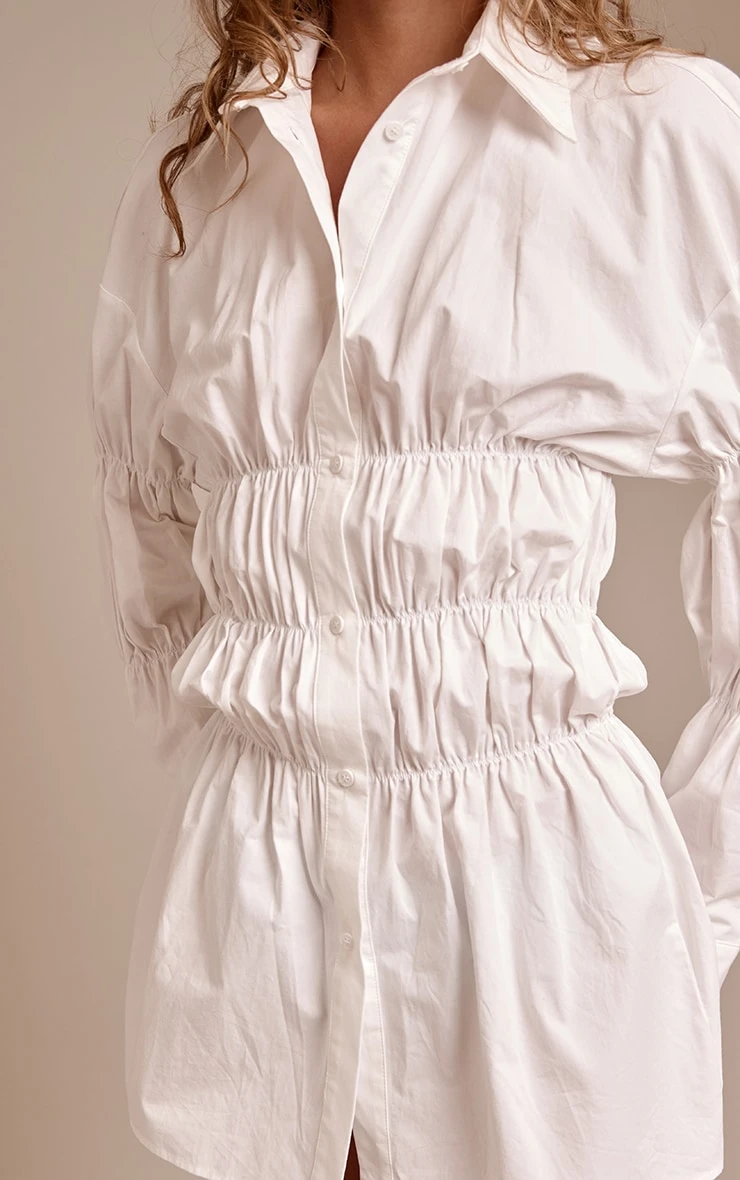 Prettylittlething White Ruched Long Sleeve Shirt Dress 4 Prettylittlething White Ruched Long Sleeve Shirt Dress - Image 4