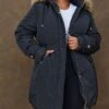 Prettylittlething Plus Black Fur Hood Elasticated Waist Longline Parka Coat