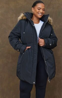 Prettylittlething Plus Black Fur Hood Elasticated Waist Longline Parka Coat