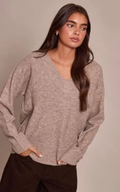 Prettylittlething Taupe V Neck Knitted Sweater