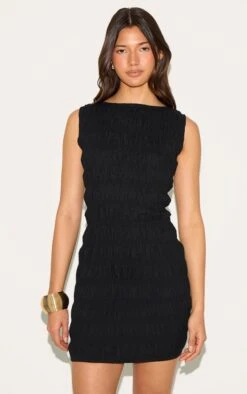 Prettylittlething Black Boat Neck Shirred Bodycon Dress