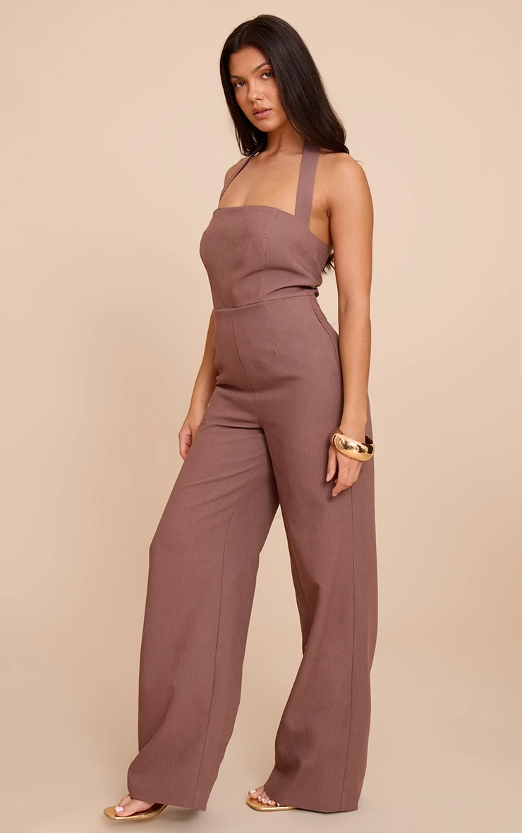 Prettylittlething Chocolate Premium Woven Halter Neck Wide Leg Jumpsuit - Image 3