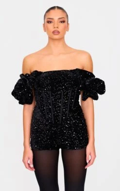Black Velvet Sequin Puff Sleeve Romper